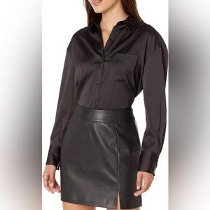 Silky Drop-shoulder Black Button Down Blouse